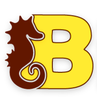 small yellow seahorse glued to a brown capital letter B, representing the logo of Bikinn.com, a retail and wholesale swimwear and women's fashion sportswear site.