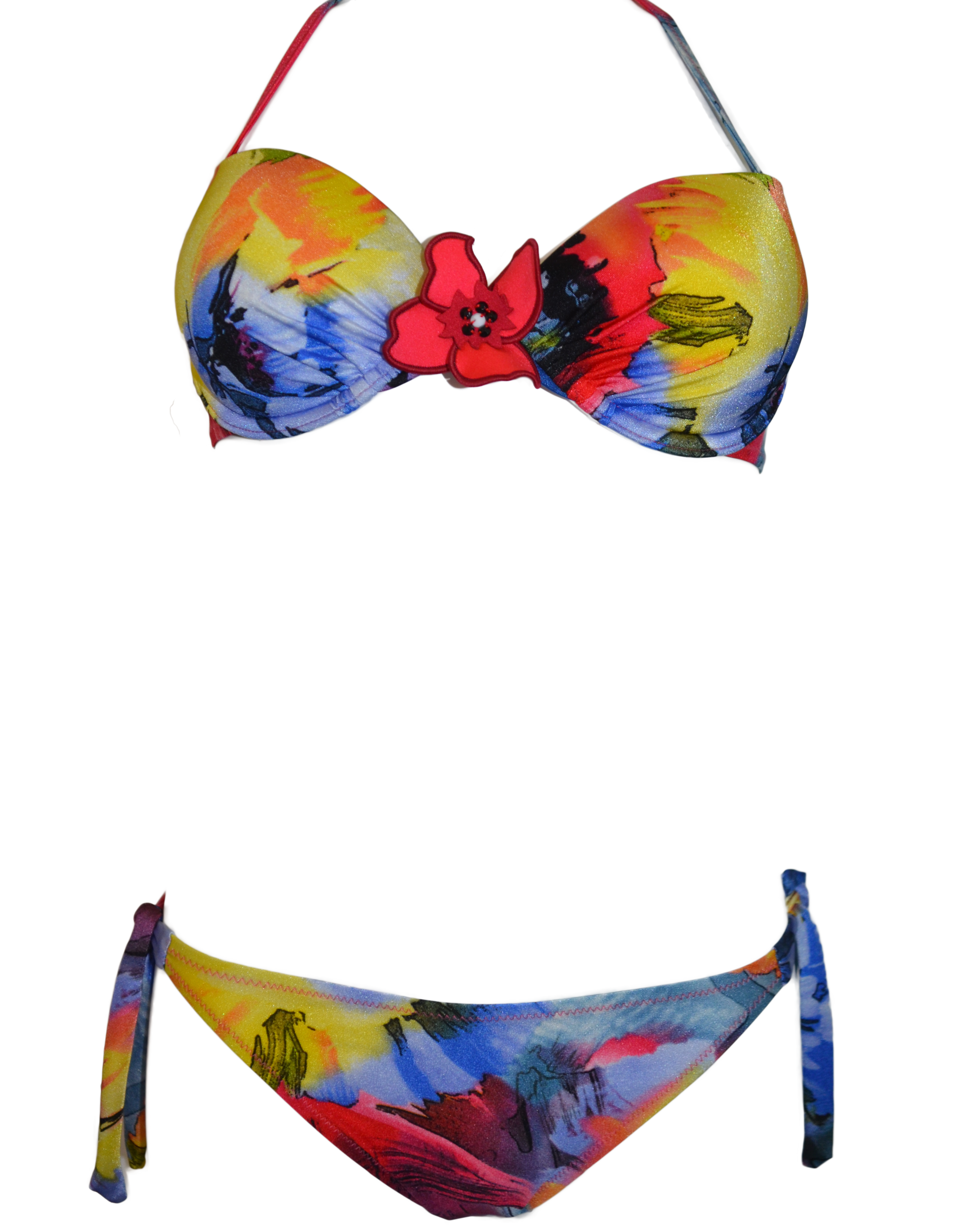 Push-up bikini two pieces with floral pattern, low tie-sides bottom bikini,  maillot de bain deux pieces neouds cotes,Bañador bikini con estampado floral, sujetador con relleno y braguita anudada a los lados.