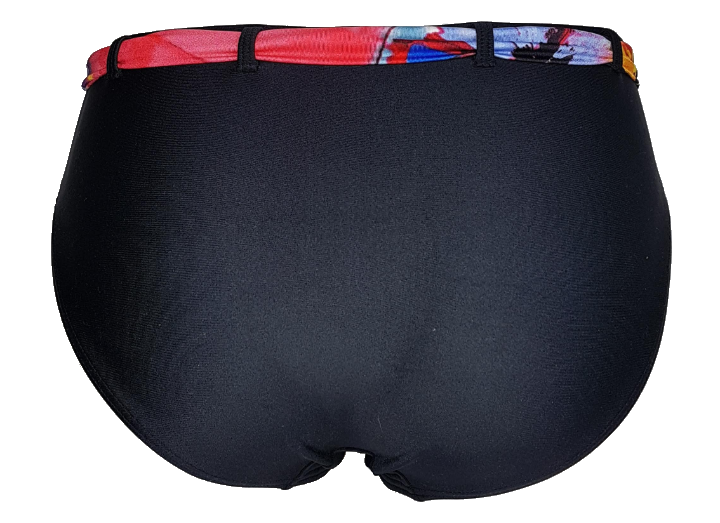back view of black high-waisted bikini bottom with a strechy floral belt, bragas negra de traje de baño. bikinn.com