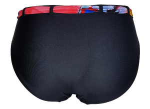 back view of black high-waisted bikini bottom with a strechy floral belt, bragas negra de traje de baño. bikinn.com