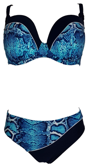 Bikini set, deep cup plus sized padded bra with high wait bottom, blue snake pattern, big push-up size bikini bra, bikini grand bonnet, traje de baño acolchado talla grande