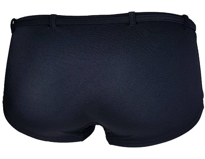 Back view of  regular black lycra bikini shorty bottom, decorated with a black lycra belt. Vue de dos de la culotte de maillot de bain noire version shorty.