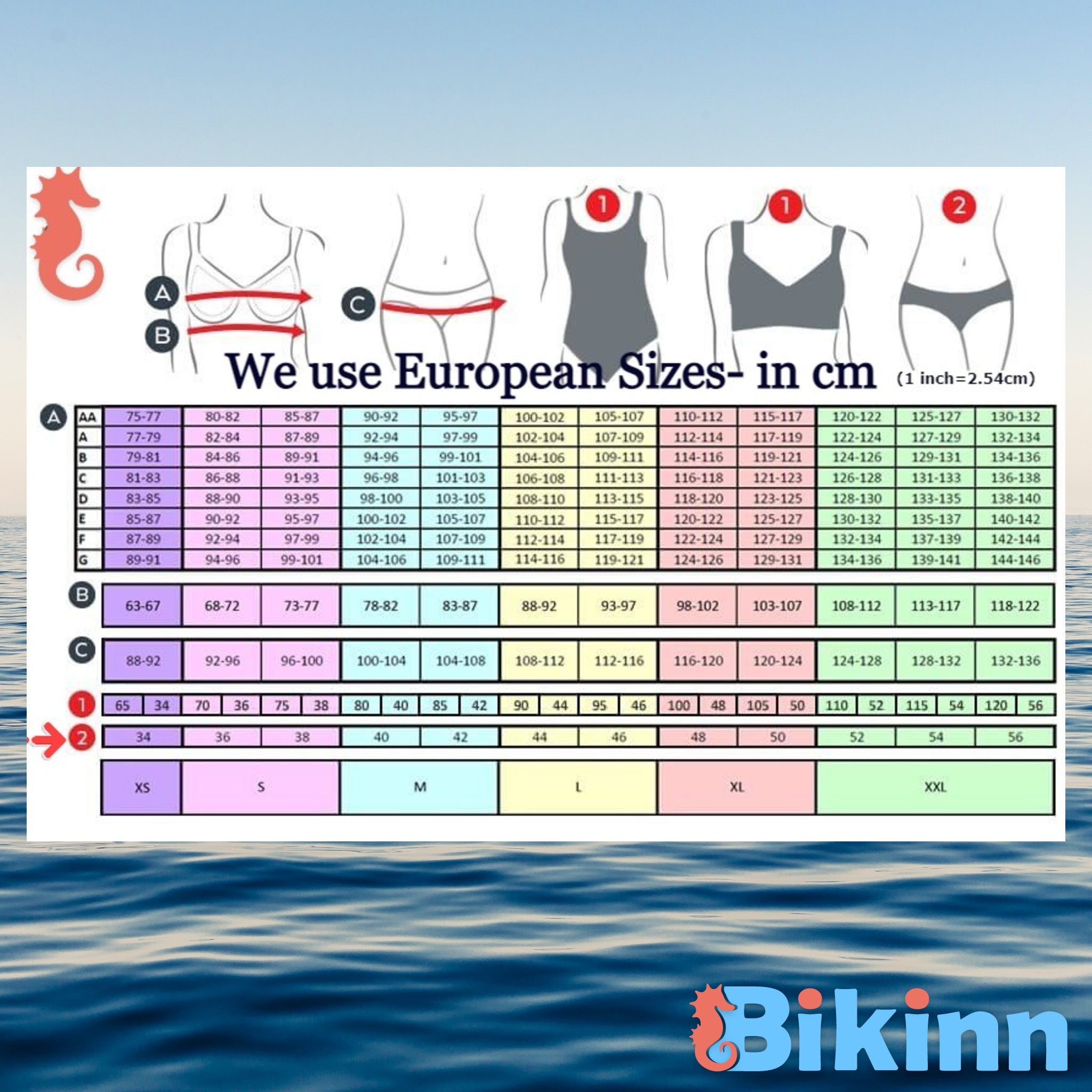 🌎bikinn-measurements swimwear chart-tableau taille maillot-tabla de tallas de trajes de baño. Bikinn.com
