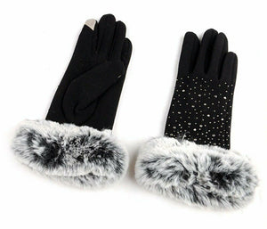 Winter Gloves Diamonds Decoration Full Finger Rhinestone Faux Fur Wrist Mittens,Guantes de invierno Diamantes Decoración Manoplas de muñeca de piel sintética, bikinn.com