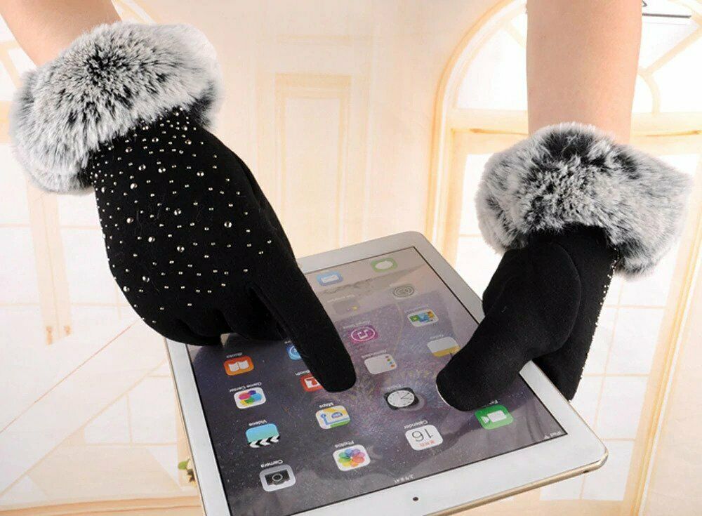 Winter Gloves Diamonds Decoration Full Finger Rhinestone Faux Fur Wrist Mittens,Guantes de invierno Diamantes Decoración Manoplas de muñeca de piel sintética, bikinn.com