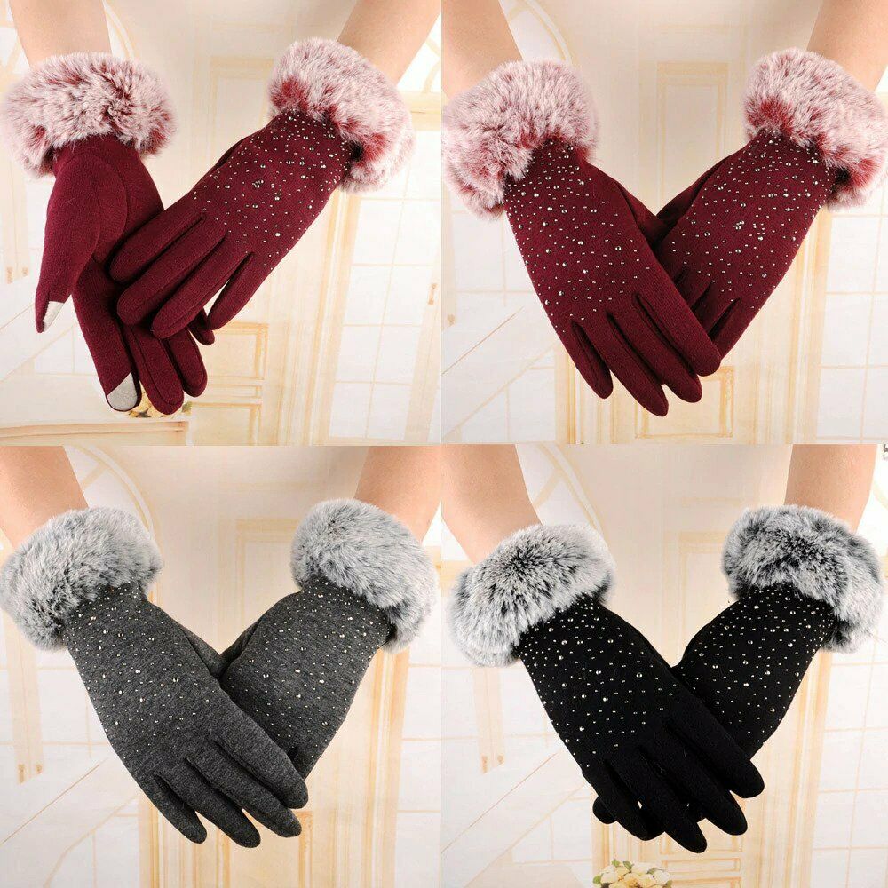 Women Warm Faux Fur Gloves Rhinestone Embellishment