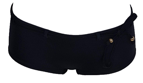  regular black lycra bikini shorty bottom, decorated with a black lycra belt. Culotte de maillot de bain noire shorty. 