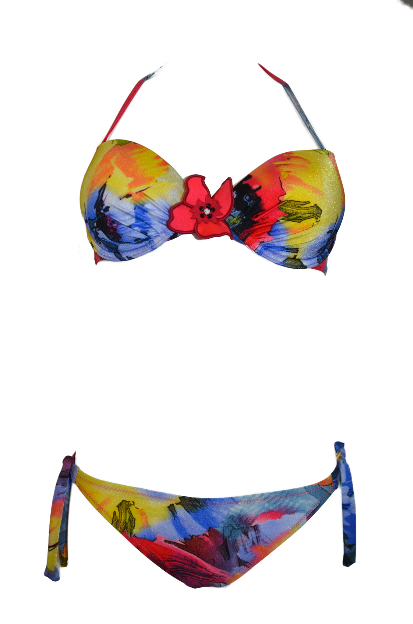 Two pieces bikini with tied sides bottom and push-up bikini bra in a pastel colored flower print, maillot de bain deux pieces culotte nouee sur les cotes, et soutien gorge rembourre, bikini braga a nudo