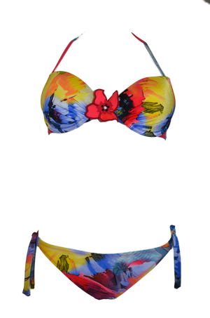 Two pieces bikini with tied sides bottom and push-up bikini bra in a pastel colored flower print, maillot de bain deux pieces culotte nouee sur les cotes, et soutien gorge rembourre, bikini braga a nudo
