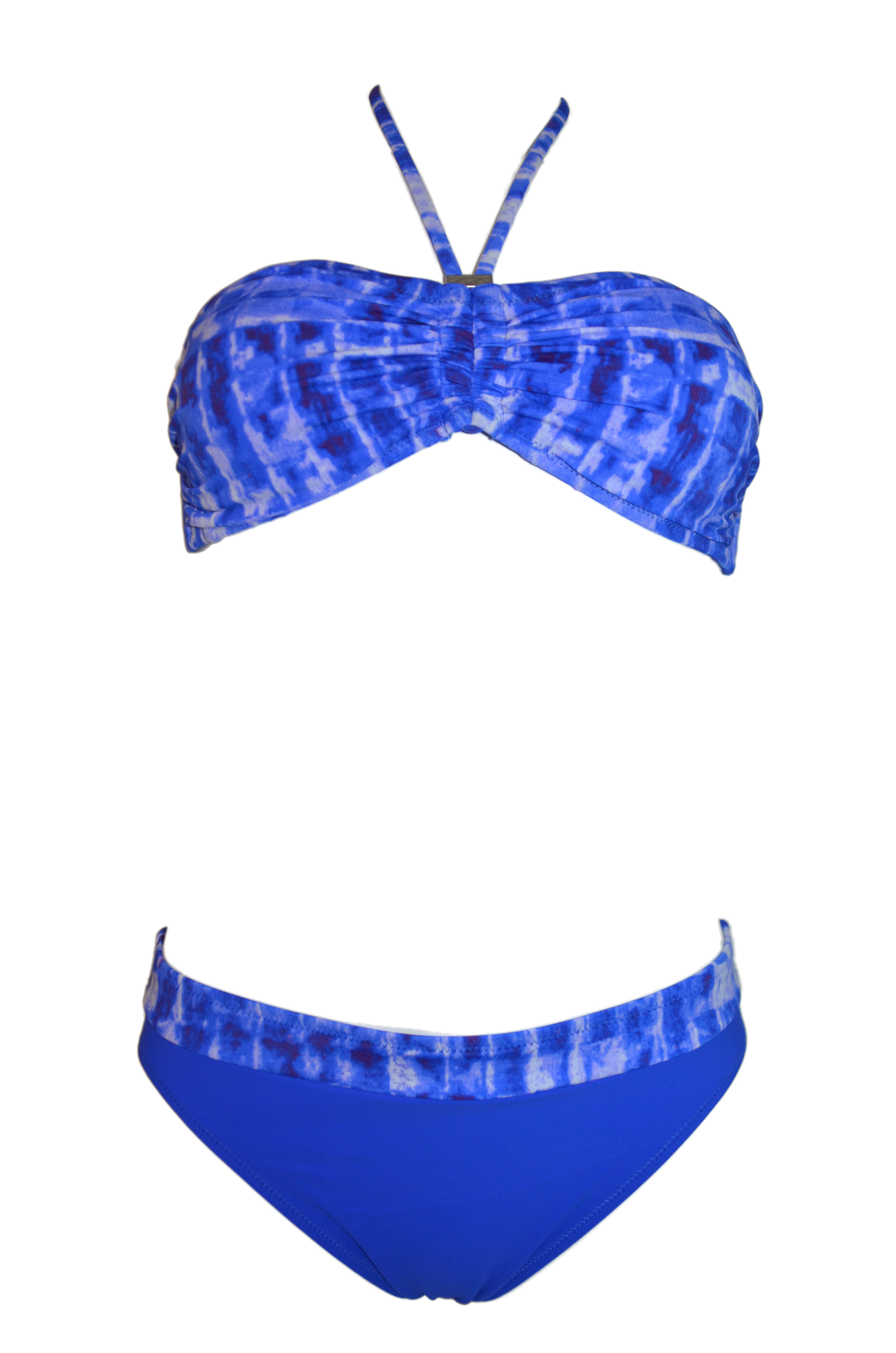 Blue strapless bikini set, bandeau bra lightly padded and high-waist bottom. bikinn.com