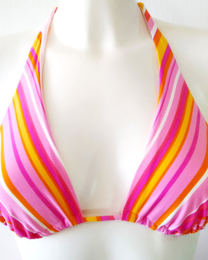 close-up to the top of a bikini set pastel-colored stripes pattern with large size of shorty bikini bottom and triangle halter bikini bra.