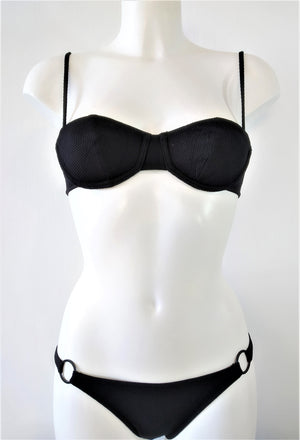 black bikini set, strapless lightly padded bra, regular bikini bottom, embellished with one flat black ring on each sides. bikinn.com
