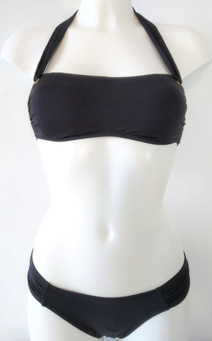 black bikini strapless bra with tied strap behind the neck, low cheeky bottom, bandeau bikini set. bikinn.com