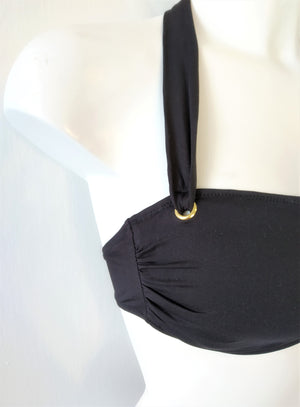 close detail of one side of a black bikini bandeau bra. bikinn.com