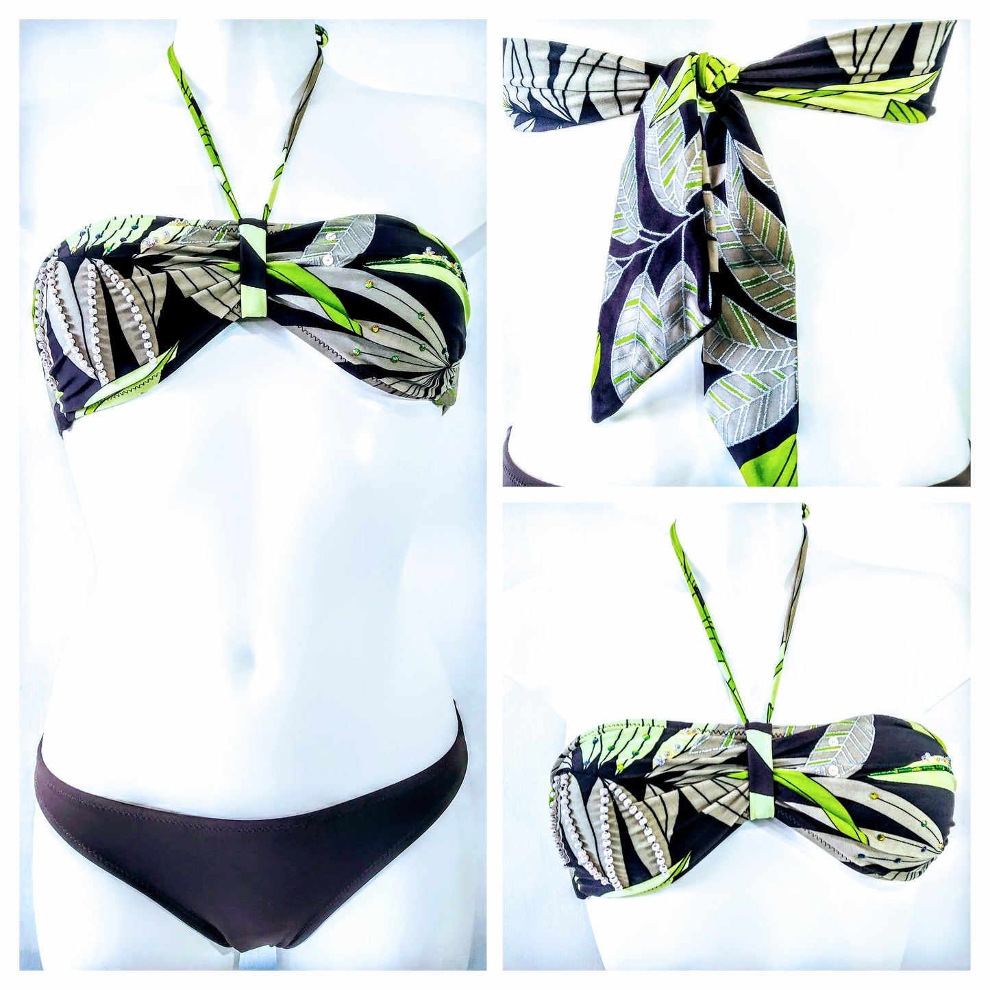 Strapless bikini set bandeau print with green leaves on brown background Embellishment: handwork of embroidered beads and sequins. bikinn.com