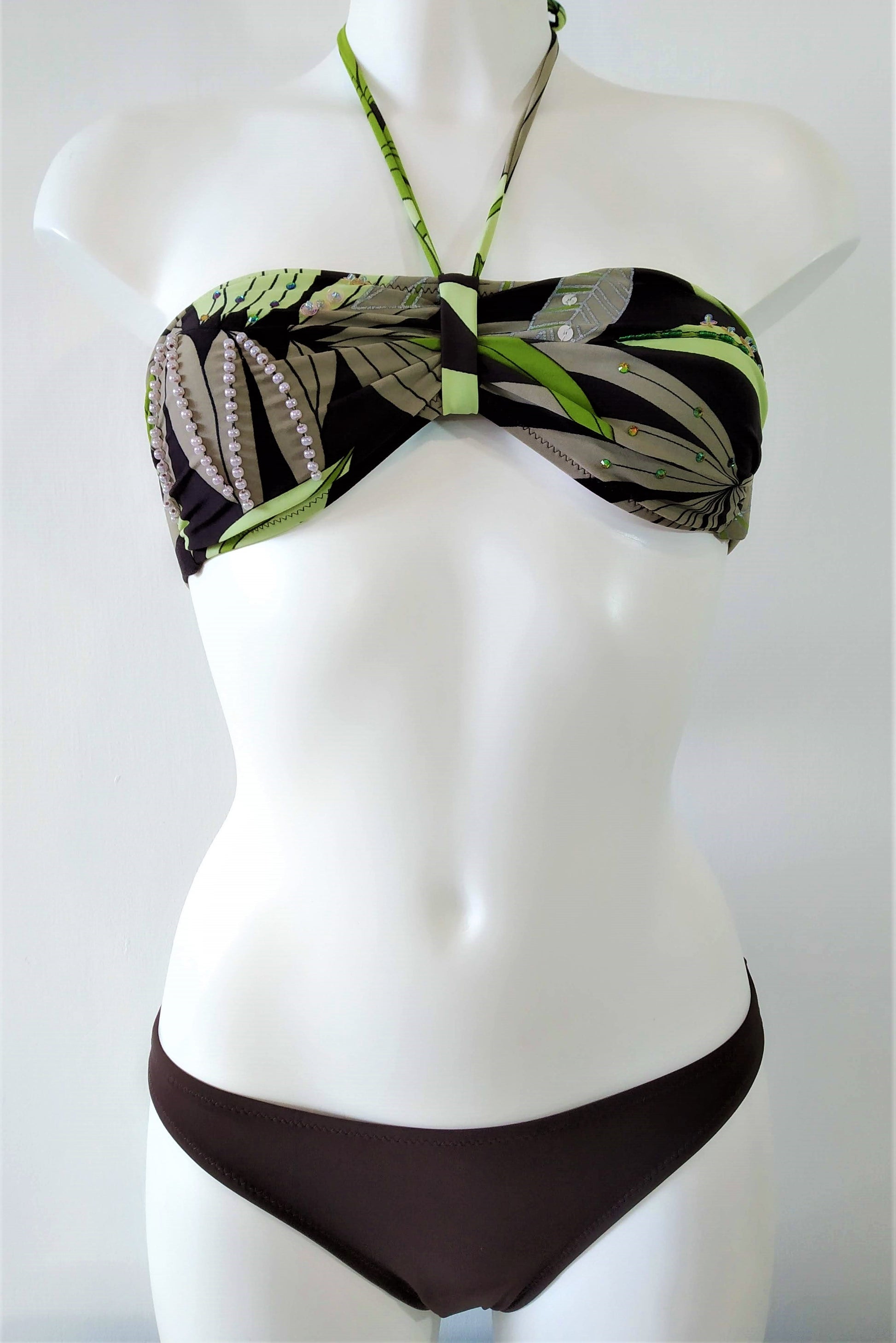 Strapless bikini set bandeau print with green leaves on brown background Embellishment: handwork of embroidered beads and sequins. bikinn.com