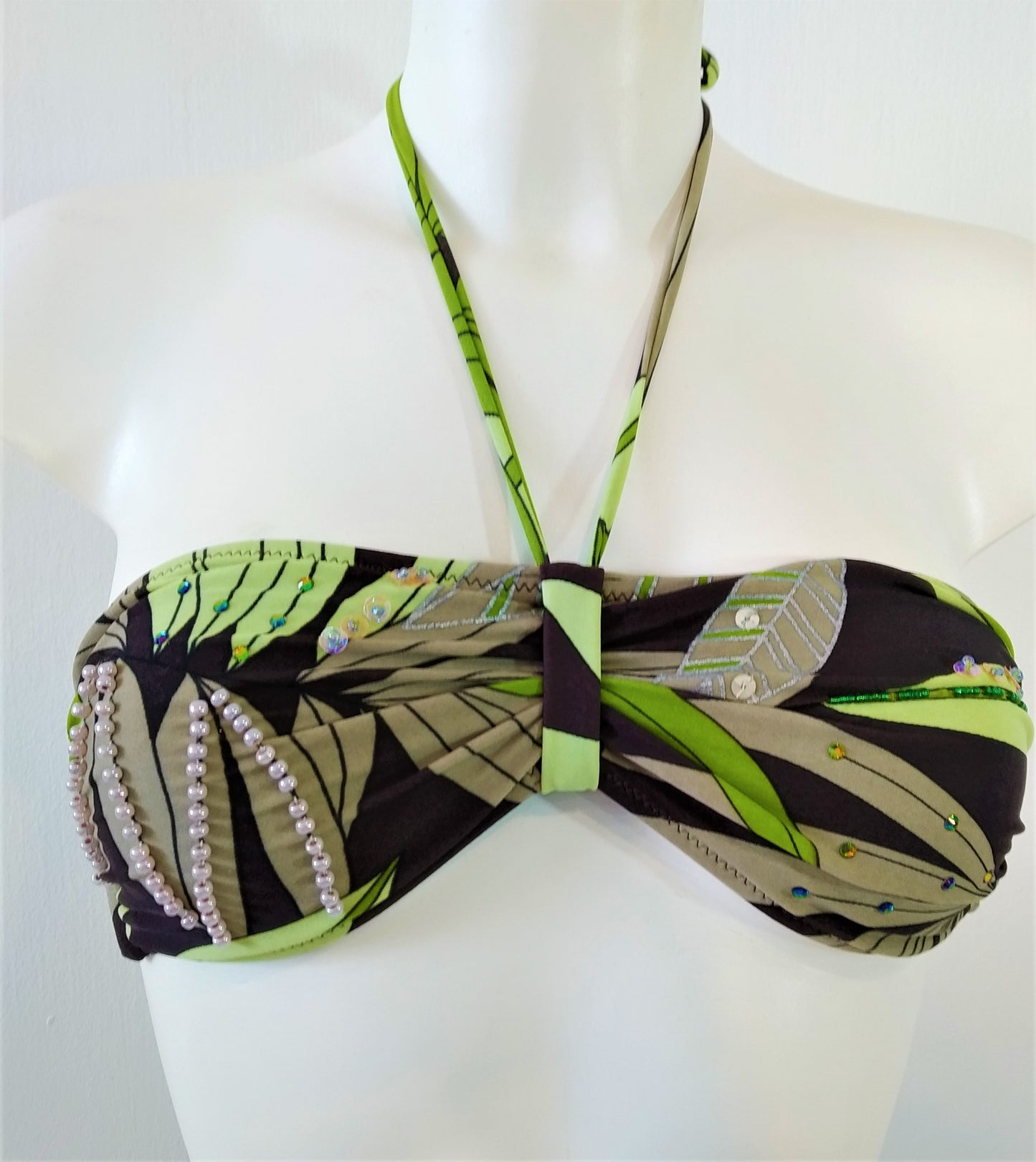 Bikini Bra of Strapless bikini set bandeau print with green leaves on brown background Embellishment: handwork of embroidered beads and sequins. bikinn.com