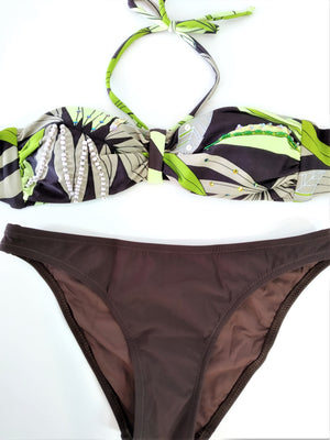 Strapless bikini set bandeau print with green leaves on brown background Embellishment: handwork of embroidered beads and sequins. bikinn.com