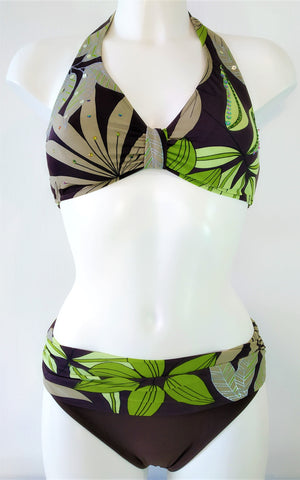 Underwire halter bikini set print with green leaves on brown background Embellishment: handwork of embroidered beads and sequins. bikinn.com