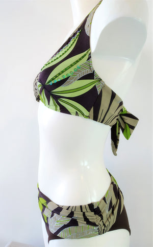 Side view of Underwire halter bikini set print with green leaves on brown background Embellishment: handwork of embroidered beads and sequins. bikinn.com