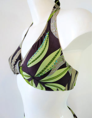 side view of unerwire halter bikini bra from Underwire halter bikini set print with green leaves on brown background Embellishment: handwork of embroidered beads and sequins. bikinn.com