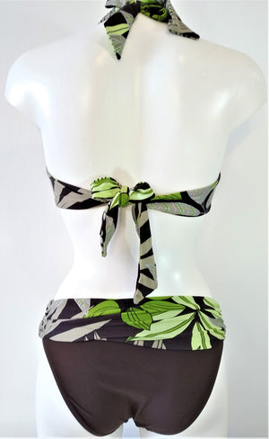 Back view of Underwire halter bikini set print with green leaves on brown background Embellishment: handwork of embroidered beads and sequins. bikinn.com