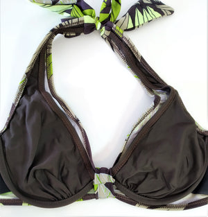 Back view of the bra from Underwire halter bikini set print with green leaves on brown background Embellishment: handwork of embroidered beads and sequins. bikinn.com