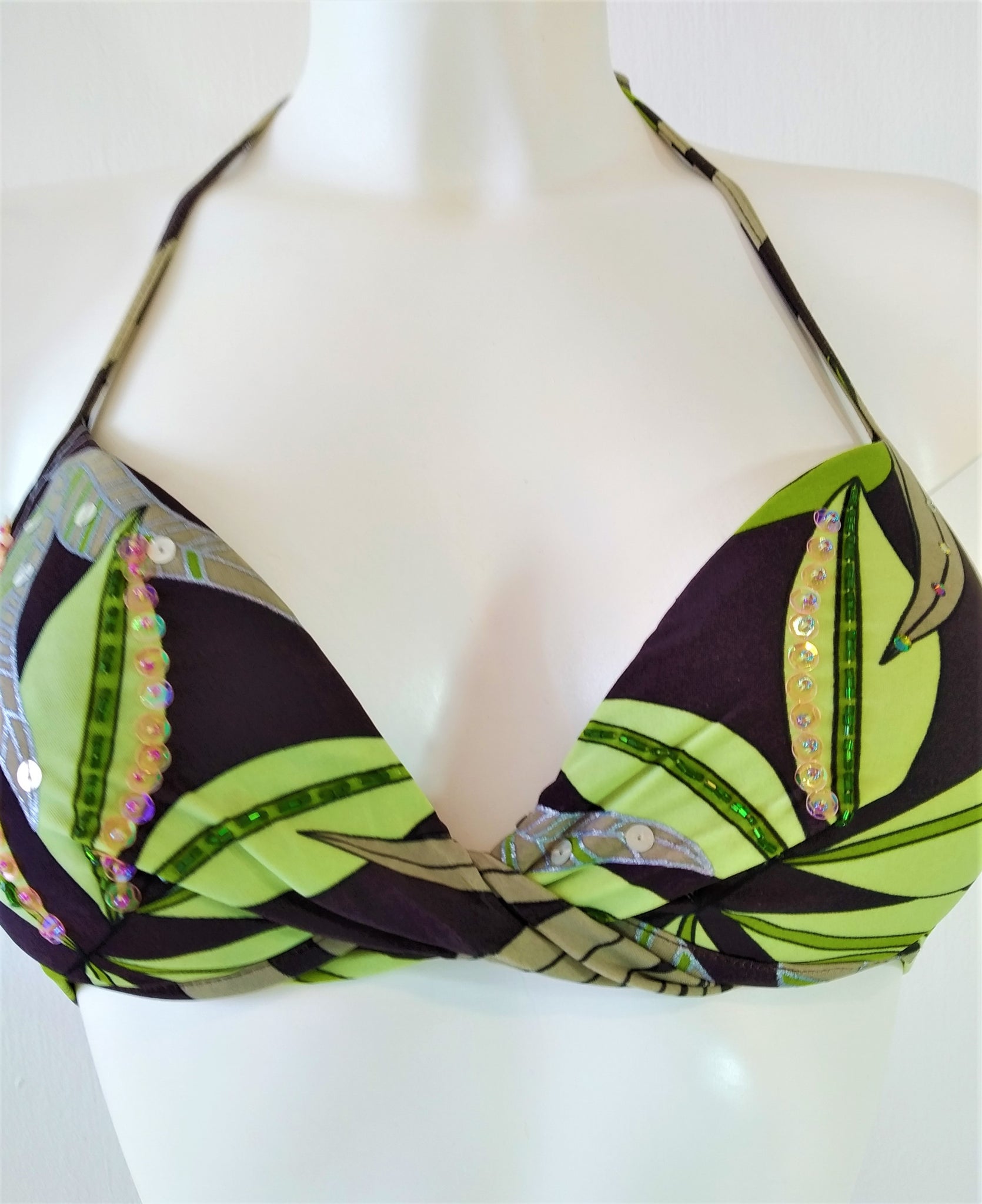 Push-up bikini bra with print of  green leaves on brown background Embellishment: hand work of embroidered beads and sequins. bikinn.com