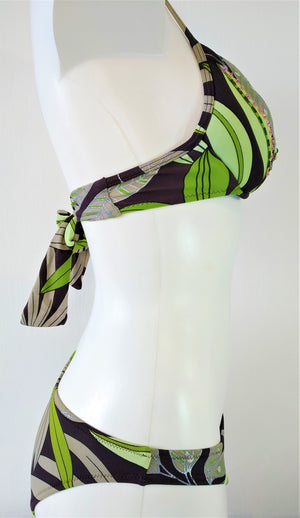 side view of bikini push up set with print of  green leaves on brown background Embellishment: handwork of embroidered beads and sequins. bikinn.com