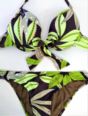 push-up bikini set with print of green leaves on brown background Embellishment: handwork of embroidered beads and sequins. bikinn.com