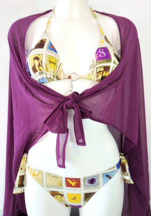 Triangle bikini set exclusive printed design pattern, low cut bottom, tied sides. Purple cover-up, tied around the bust. bikinn.com
