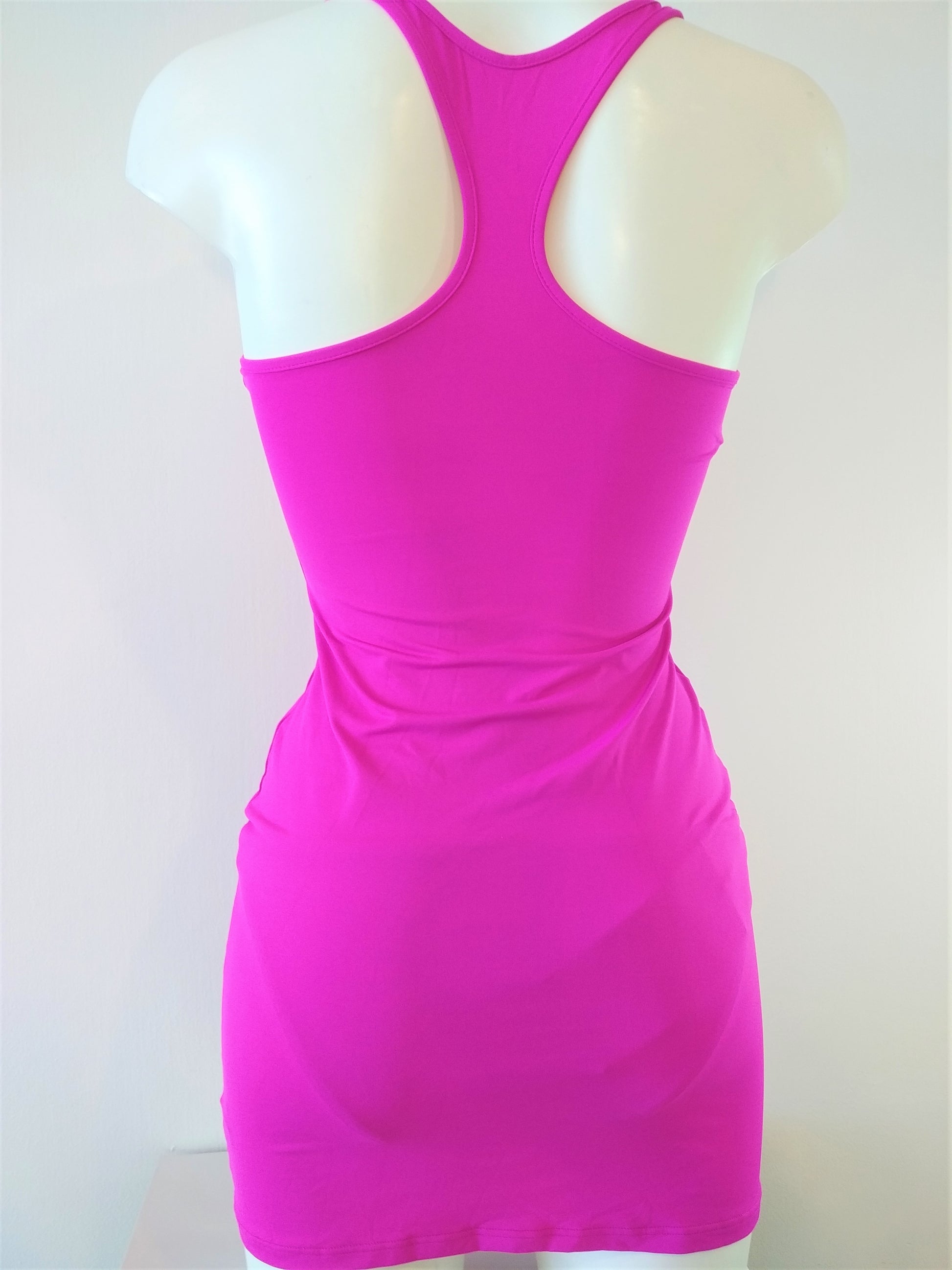 back view of lycra tank dress slim cut, mini,tight on the body, 4 colors: hot pink, black, blue, orange. bikinn.com