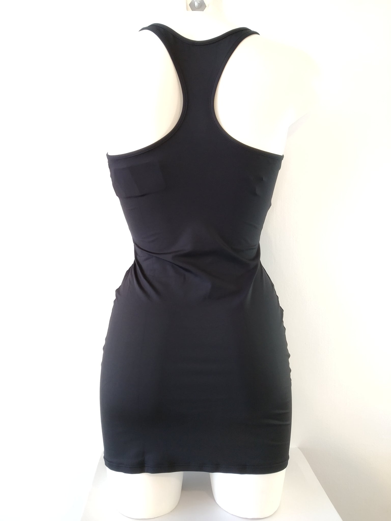 back view of lycra tank dress slim cut, mini,tight on the body, 4 colors: hot pink, black, blue, orange. bikinn.com