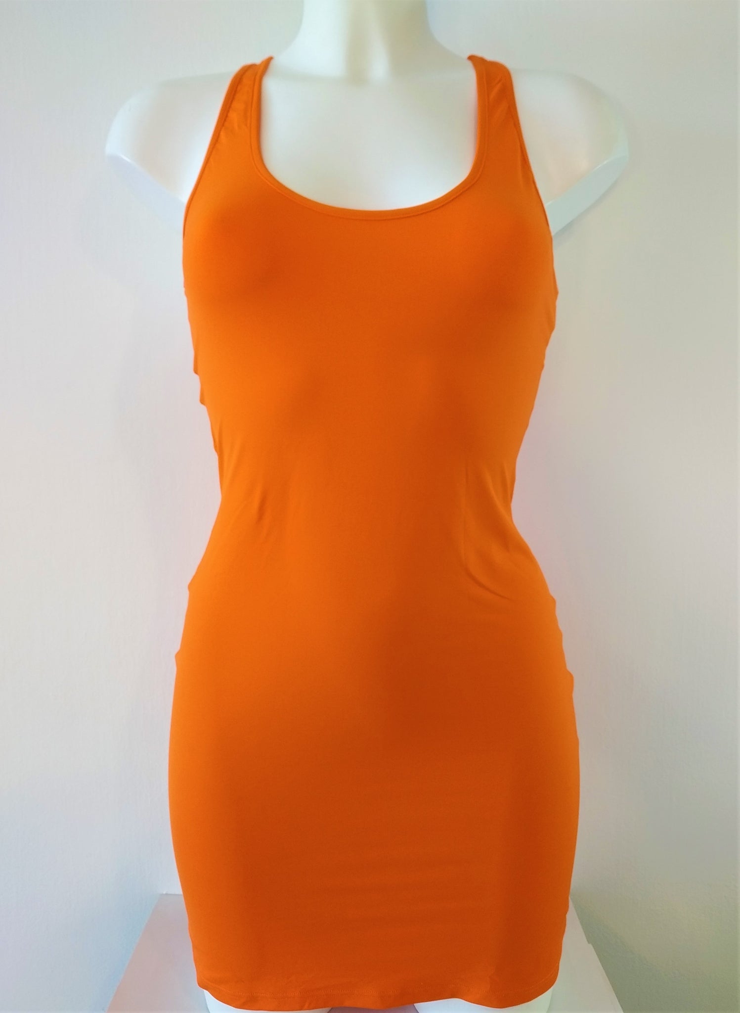 orange lycra tank dress slim cut, mini,tight on the body, 4 colors: hot pink, black, blue, orange. bikinn.com
