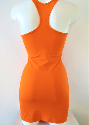 back view of orange lycra tank dress slim cut, mini,tight on the body, 4 colors: hot pink, black, blue, orange. bikinn.com