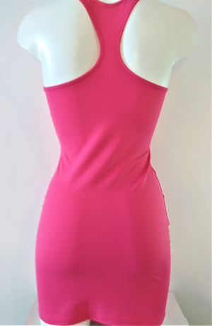 back view of hot pink lycra tank dress slim cut, mini,tight on the body, 4 colors: hot pink, black, blue, orange. bikinn.com