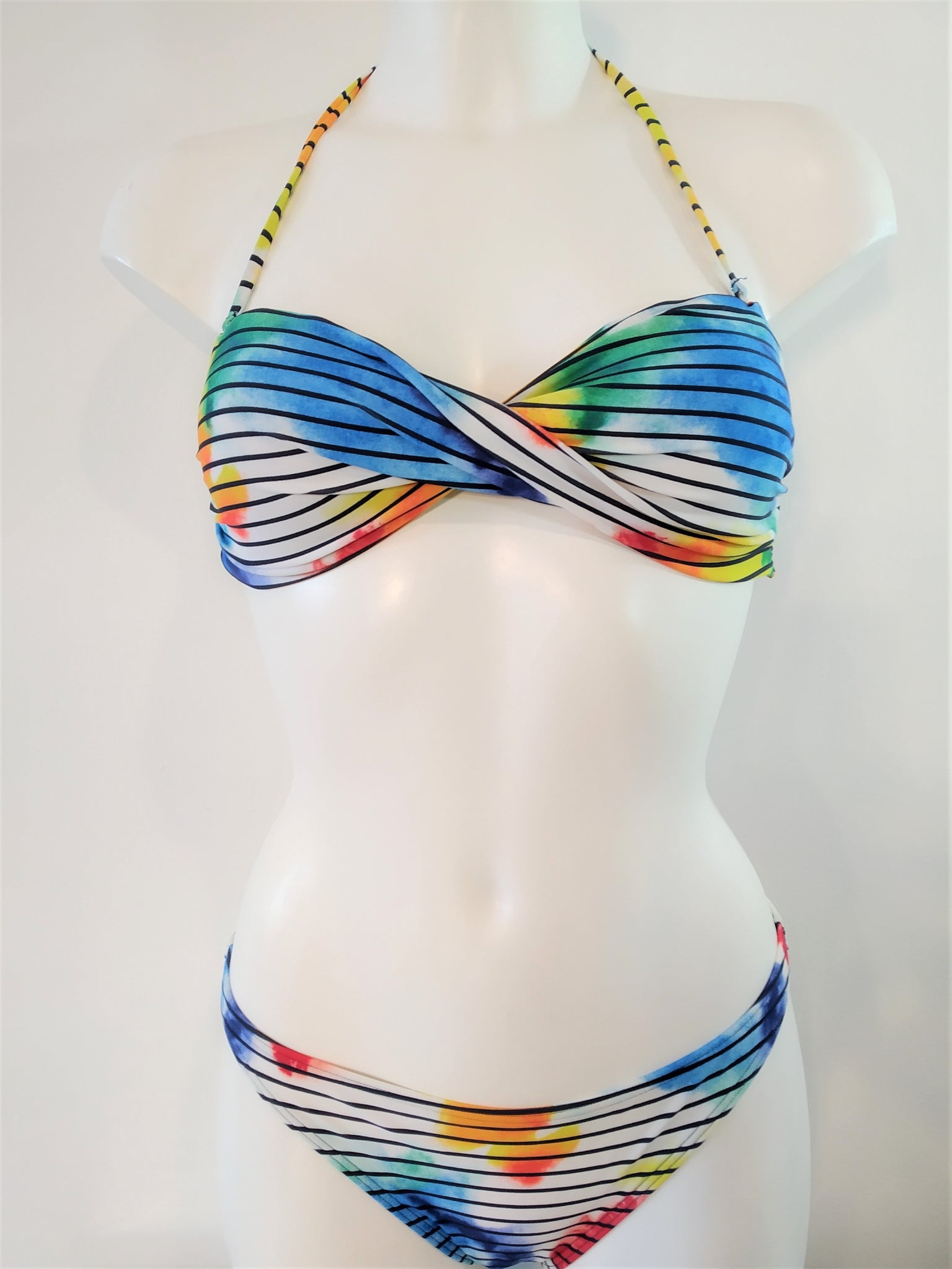 bikini strapless multicolor padded,bandeau twist maillot deux pieces,traje de baño bandeau multicolor de 2 piezas ligeramente acolchado