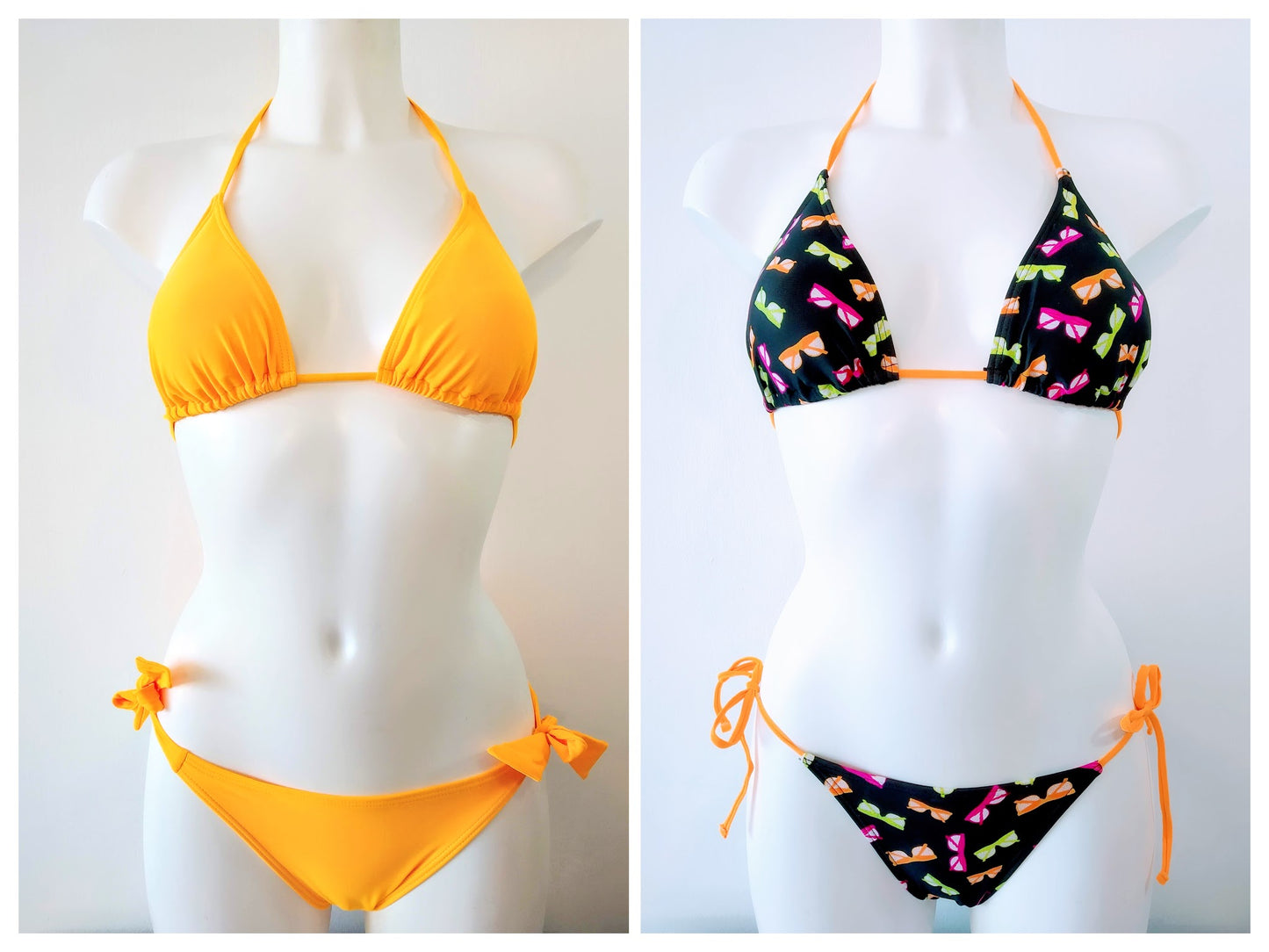 bikini set triangle triangular mix and match colors, maillot de bains deux pieces triangle bikini noeuds sur cotes culottes, Traje de baño de 2 piezas para atar a los lados de las bragas multicolores.