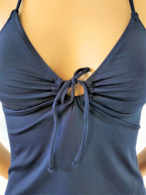 Close up of the V-neck-line of Black tankini top, spaghetti straps, on sale at: bikinn.com