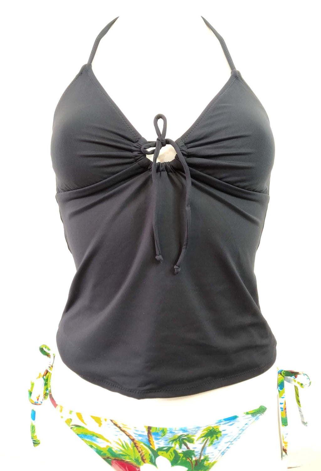 Black tankini top, spaghetti straps, V-neckline, on sale at: bikinn.com