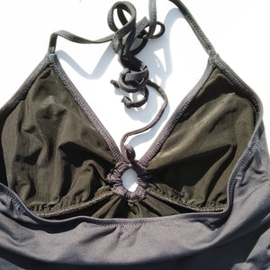inside out view of black tankini top, V neck-line, spaghetti straps. sold on : bikinn.com