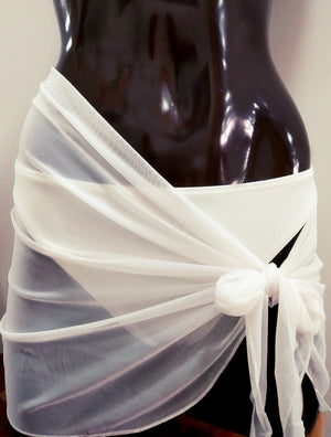Transparent white mini pareo stretchy cover-up sarong tied around a brown mannequin. beachwear at bikinn.com