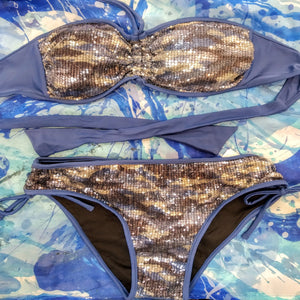 blue bling-bling strapless bikini set with low-cut bottom, bandeau bra. bikinn.com
