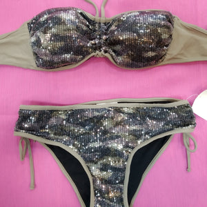 khaki bling-bling strapless bikini set with low-cut bottom, bandeau bra. bikinn.com