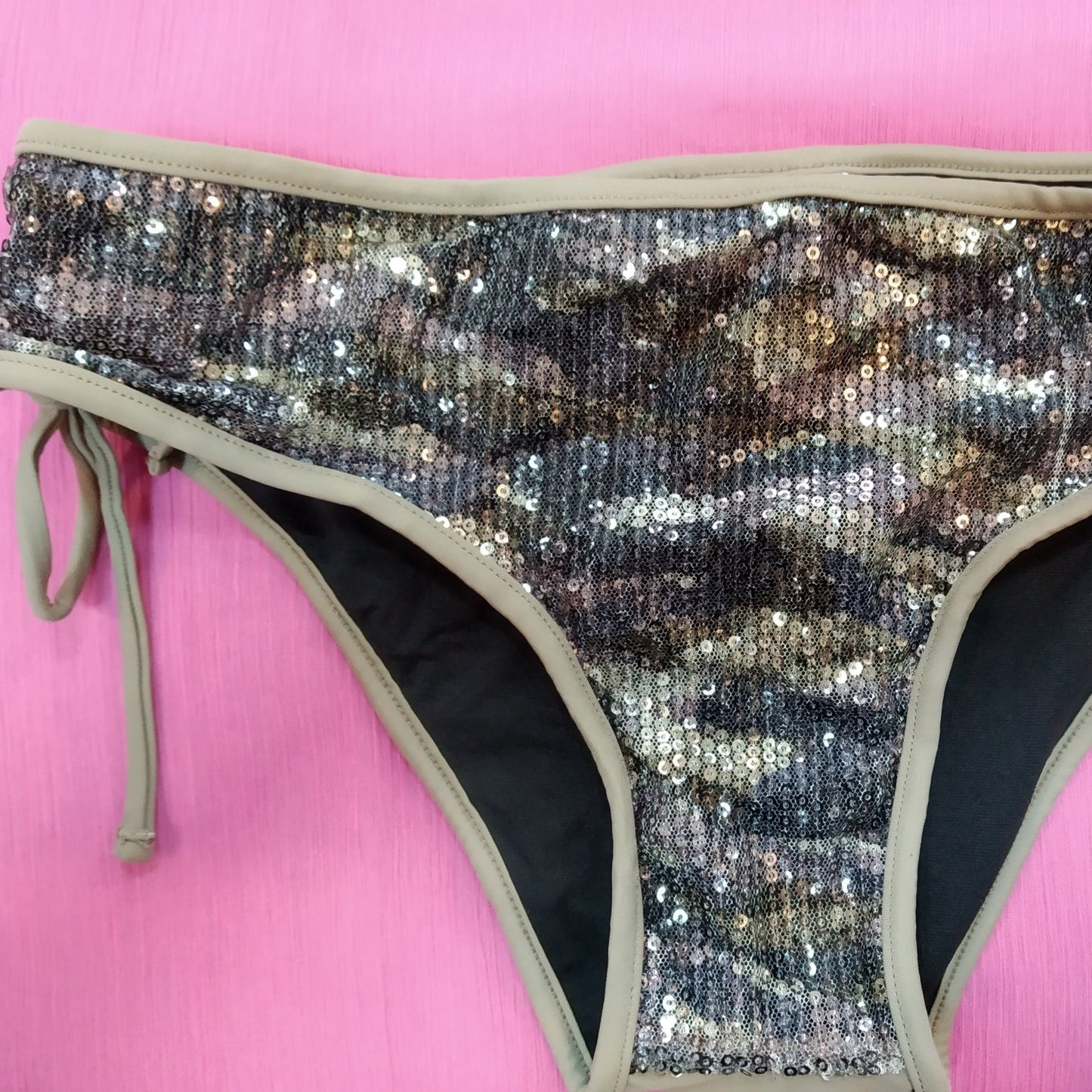 close-up of  khaki bling-bling bikini bottom, low cut. bikinn.com