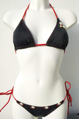 triangle bikini set with black tie-side bikini bottom with seashells embellishment. bikinn.com