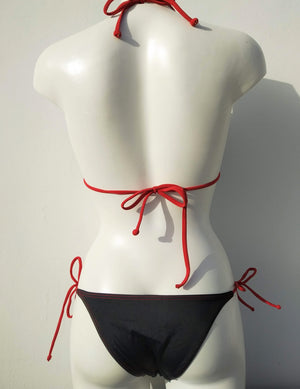 back view of triangle bikini set with black tie-side bikini bottom with seashells embellishment. bikinn.com