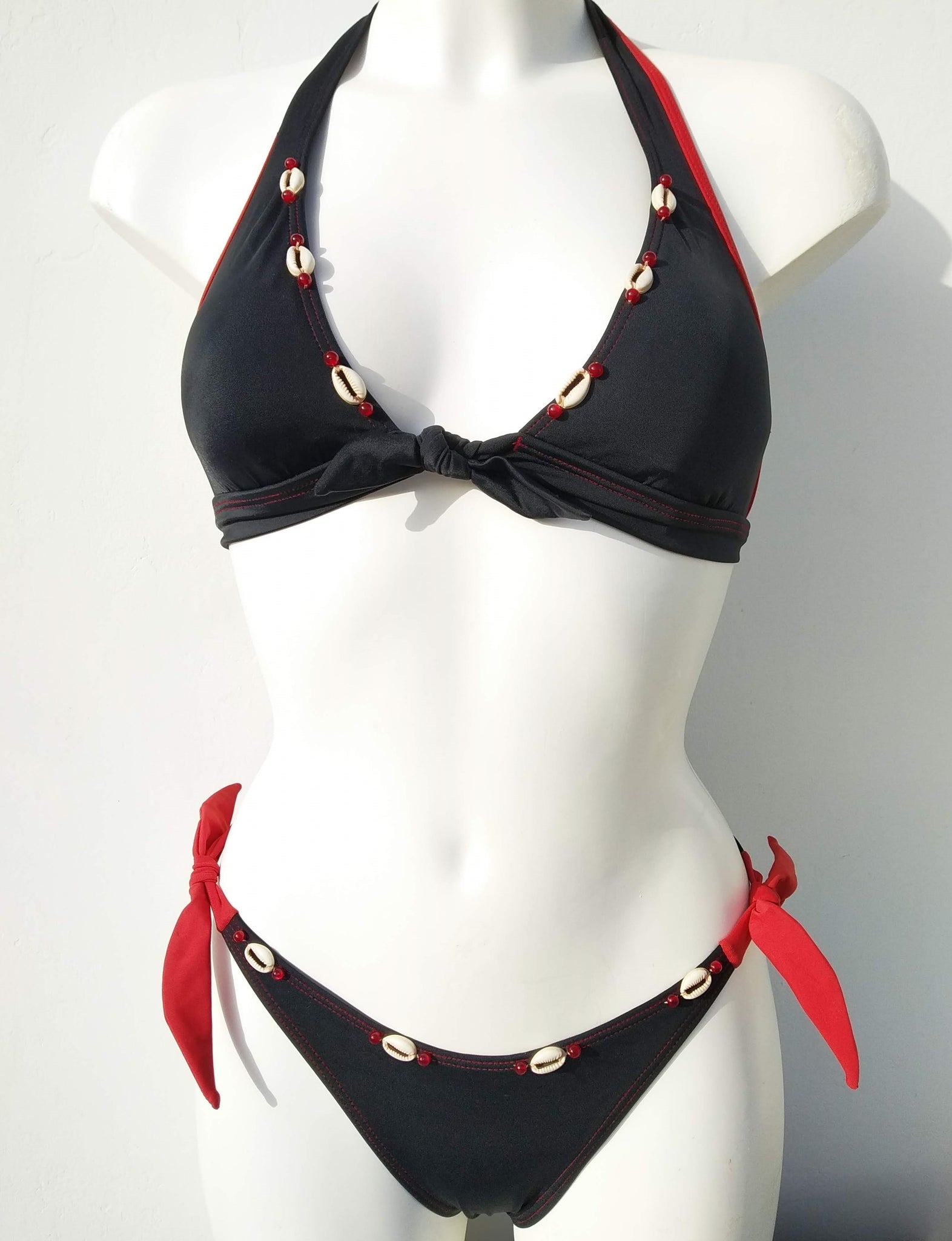 black Halter bikini set with seashells decoration along the neckline, mix and match collection. bikinn.com