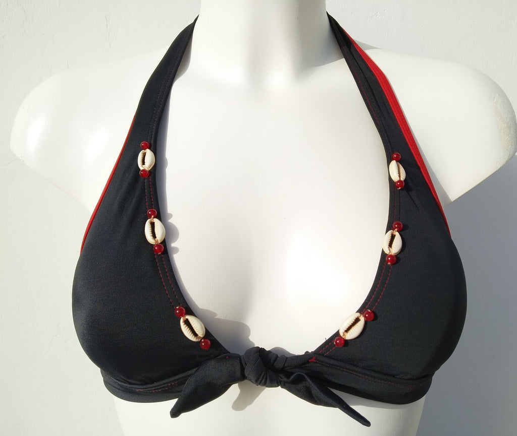 black Halter bikini bra withw seashells decoration along the neckline, mix and match collection. bikinn.com 