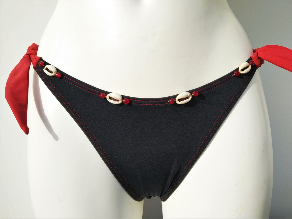 Black thick tie side bikini bottom, seashell decoration, mix and match collection. bikinn.com